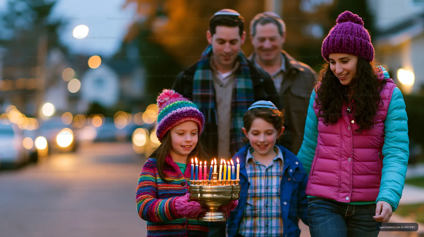 Family celebrates together during Hanukkah on a festive evening
