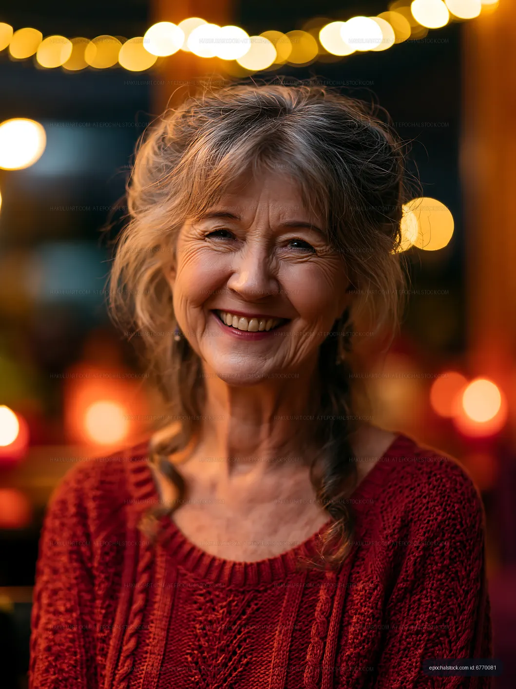 Smiling woman in red sweater against warm lights