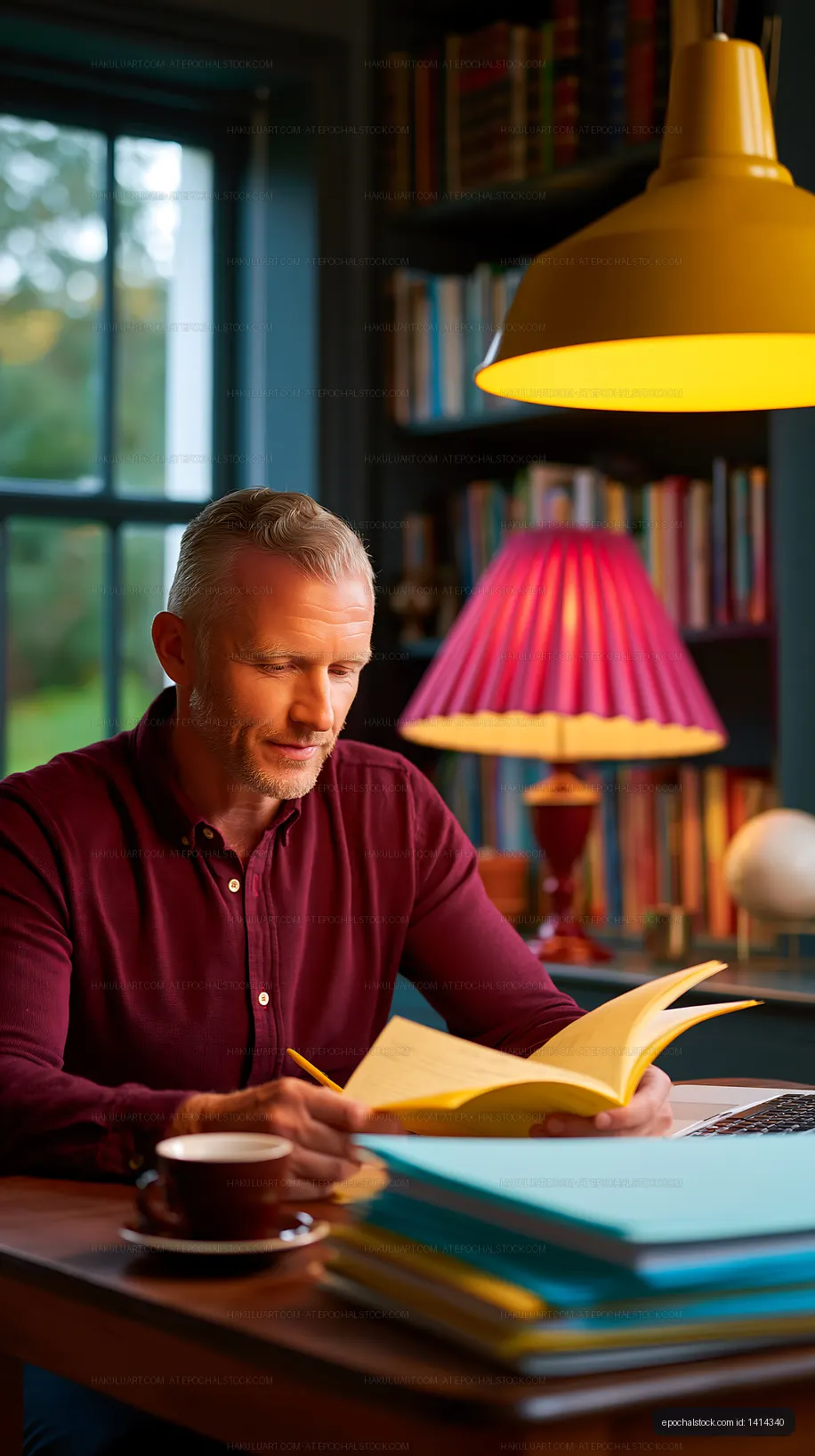 Man reading a book at a table in a cozy indoor setting