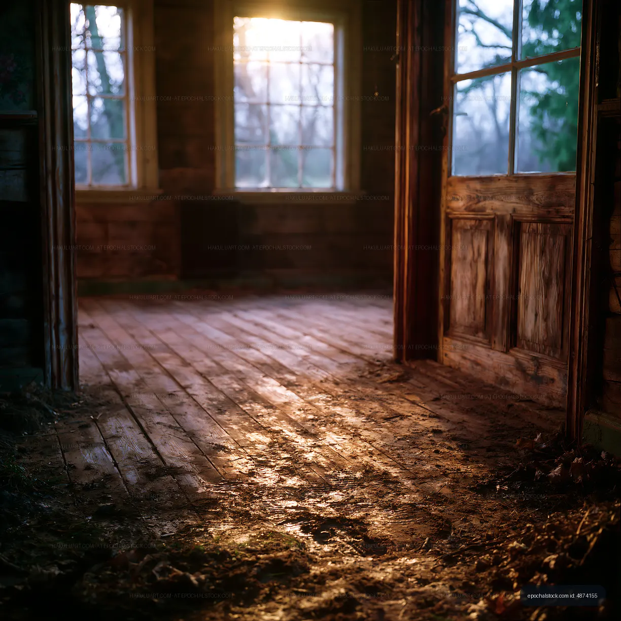 Sunlight shines through a doorway in an old, abandoned room