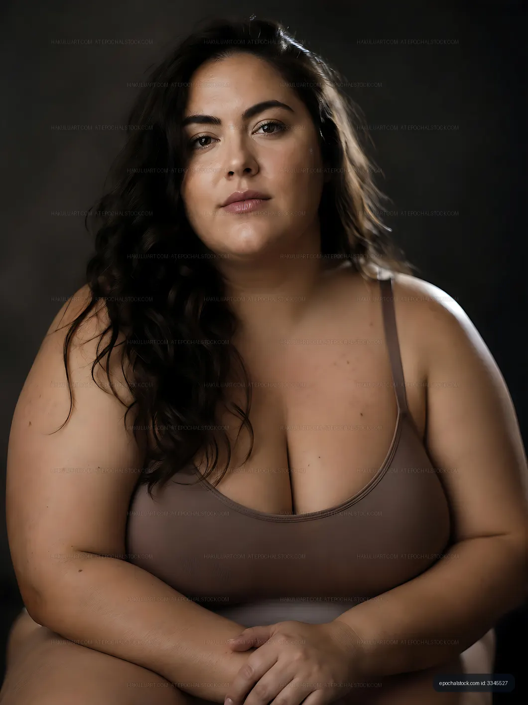 Woman with long hair sitting and looking at the camera