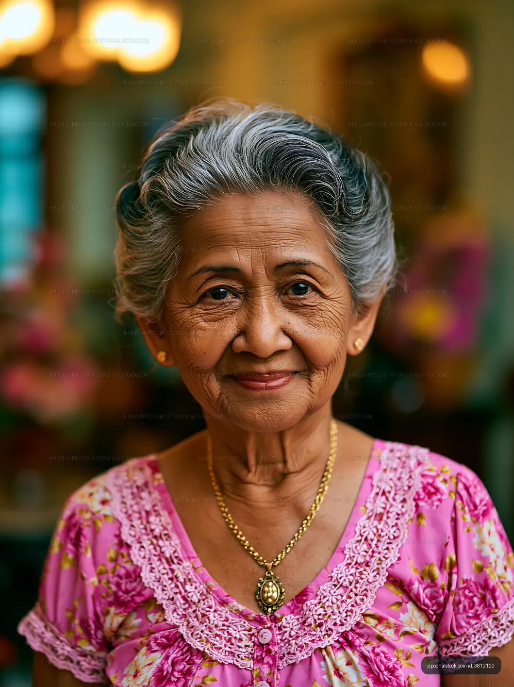 Elderly woman smiling in a floral dress indoors