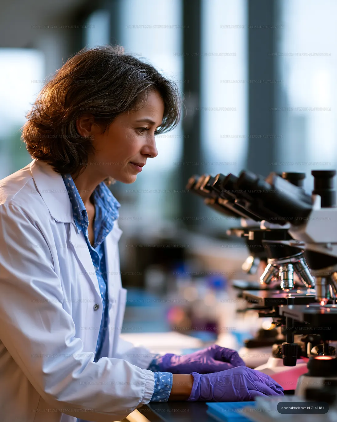 Scientist working in laboratory with microscopes and materials