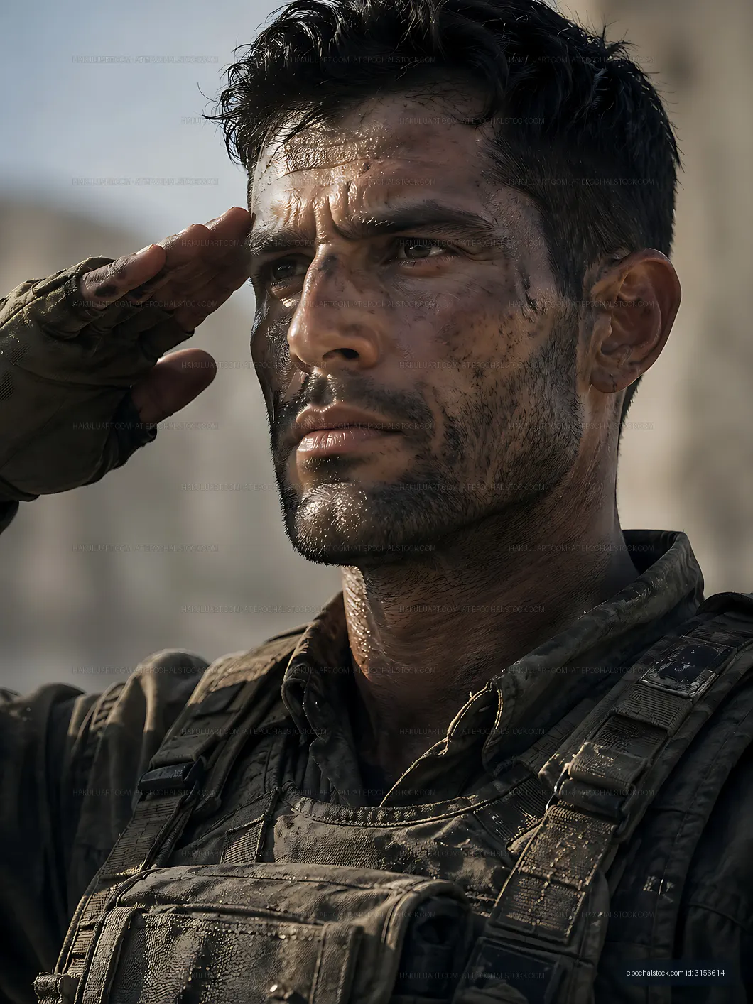 Soldier saluting with dirt on face in military uniform
