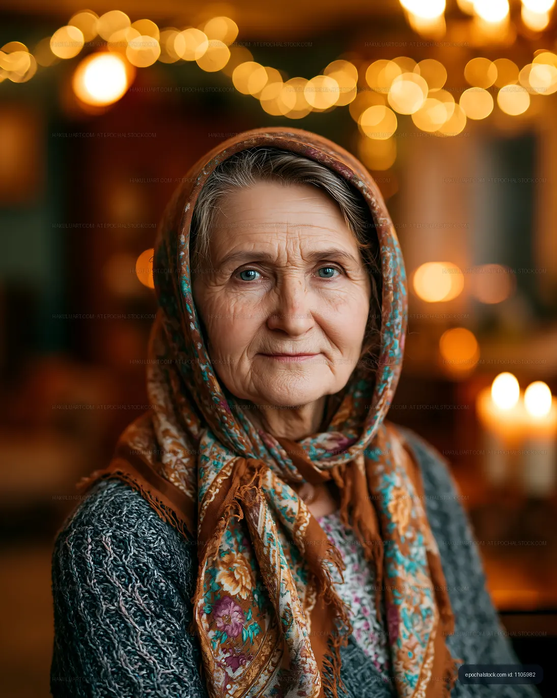 Elderly woman with a scarf in a cozy room with warm lights
