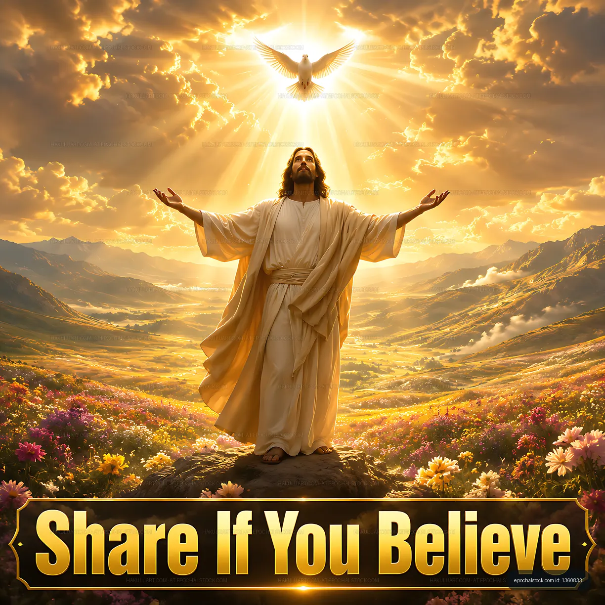 Religious figure with light in a mountain landscape