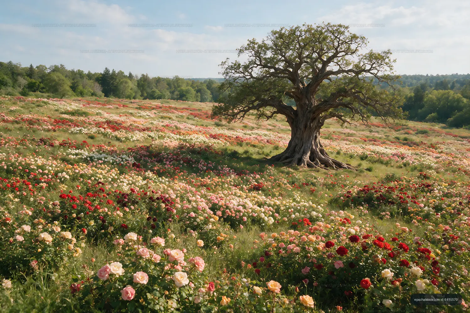 Field of roses with a single tree under the blue sky