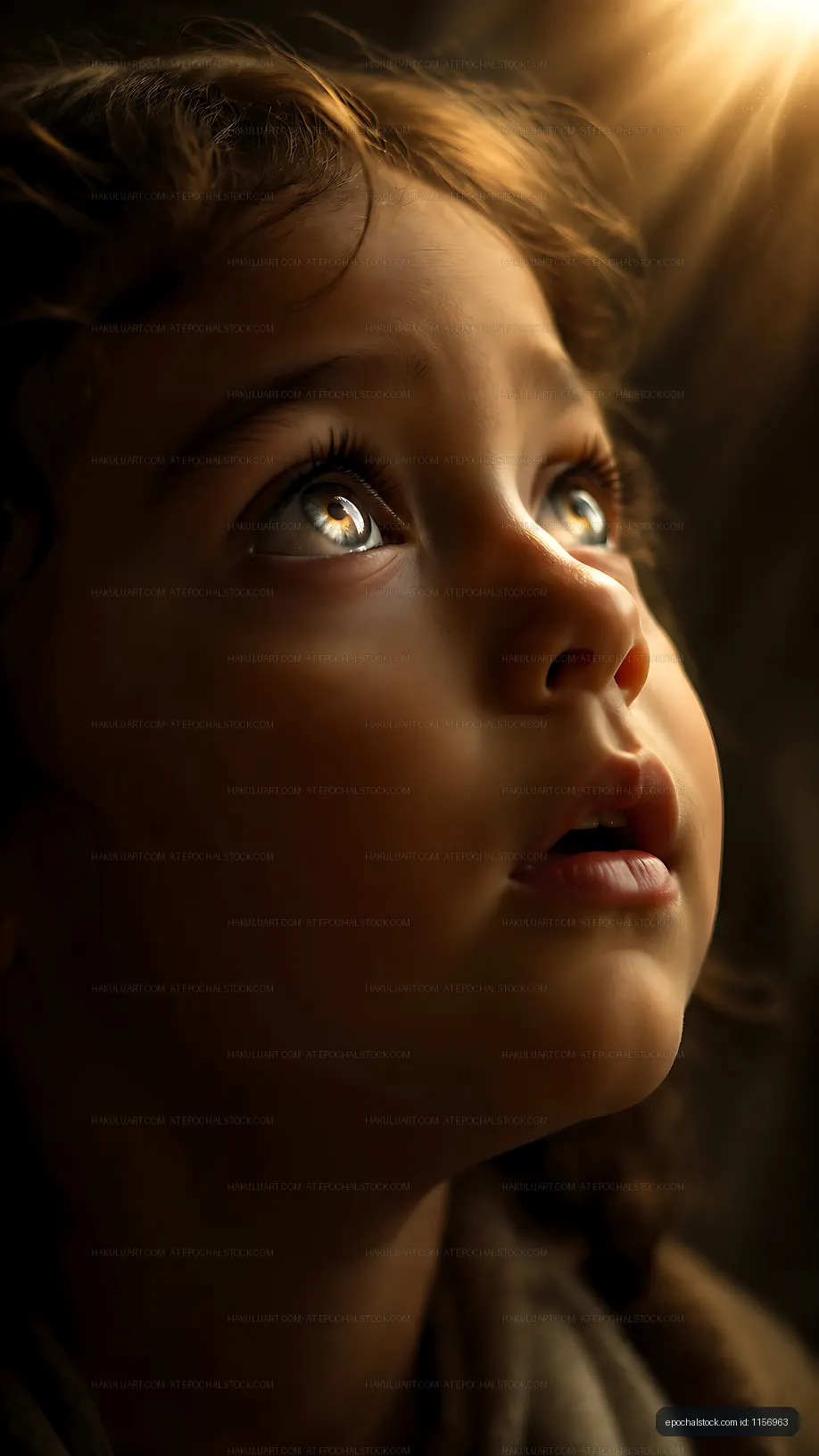 Child looking up in wonder with light shining from above