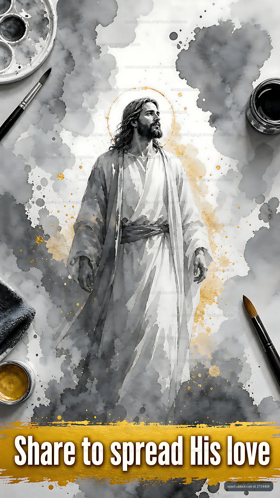 Artistic depiction of a figure walking on a cloudy background