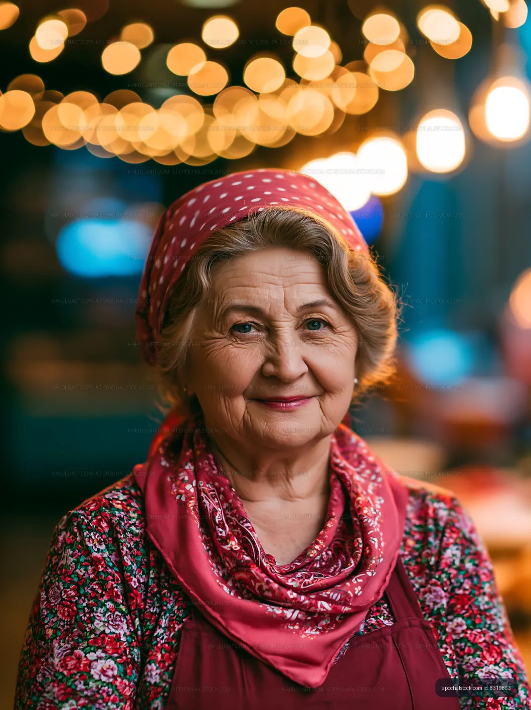 Elderly woman with scarf smiling in a warm-lit cafe