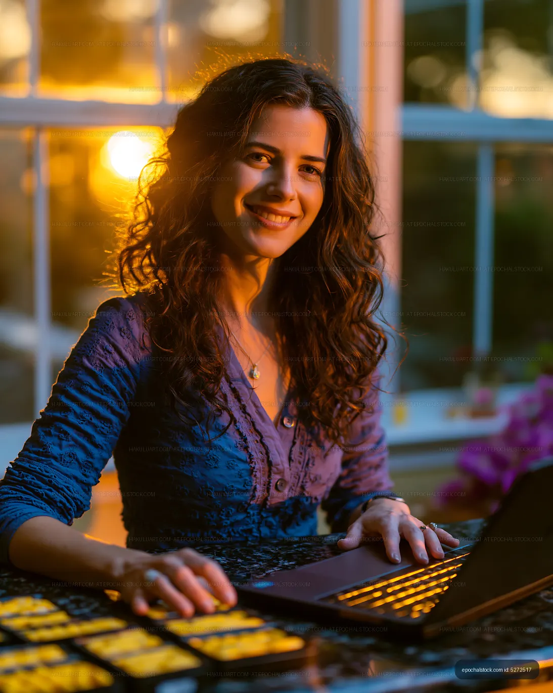 Woman working on laptop at sunset in a home office