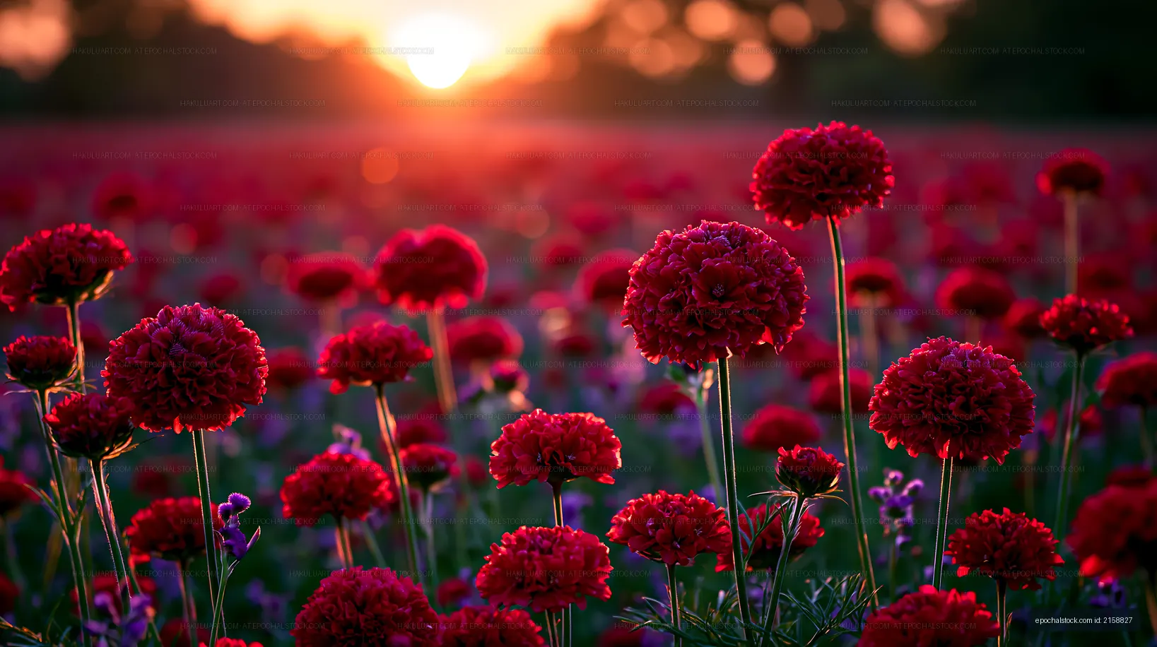 Red flowers bloom in a field during sunset