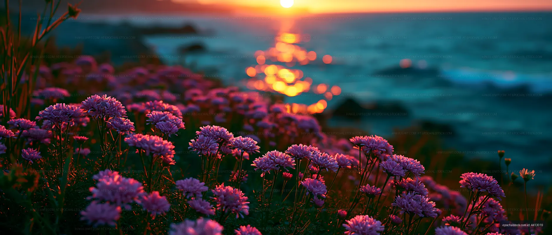 Flowers bloom near the ocean at sunset