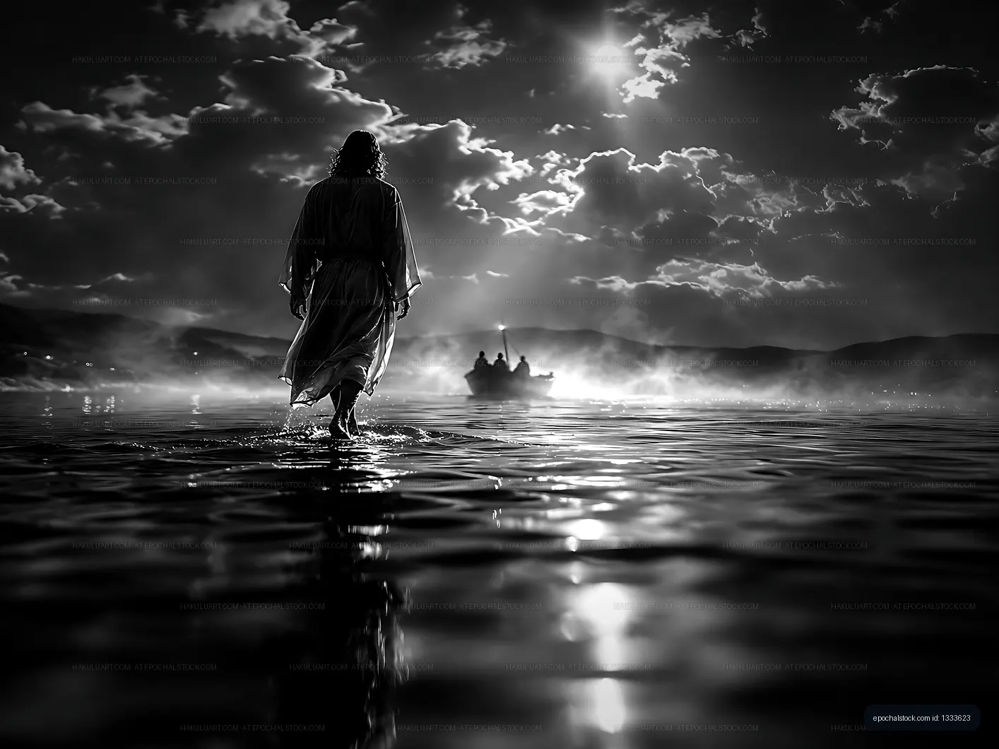 Man walking on water with boat in the background under a cloudy sky