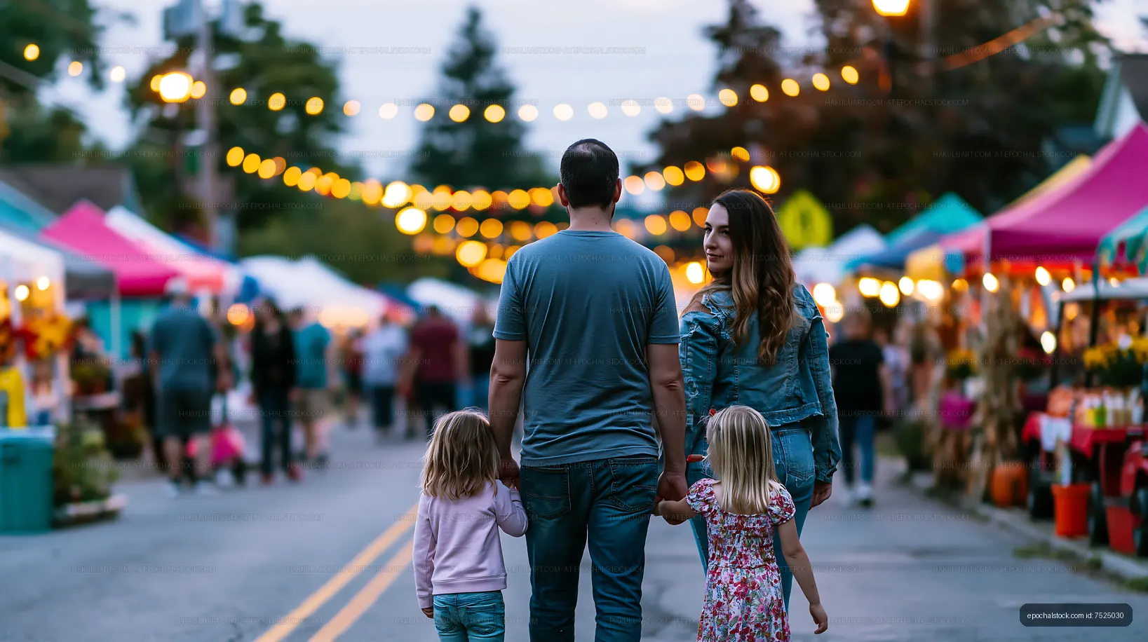 Family walks through a local market during the evening