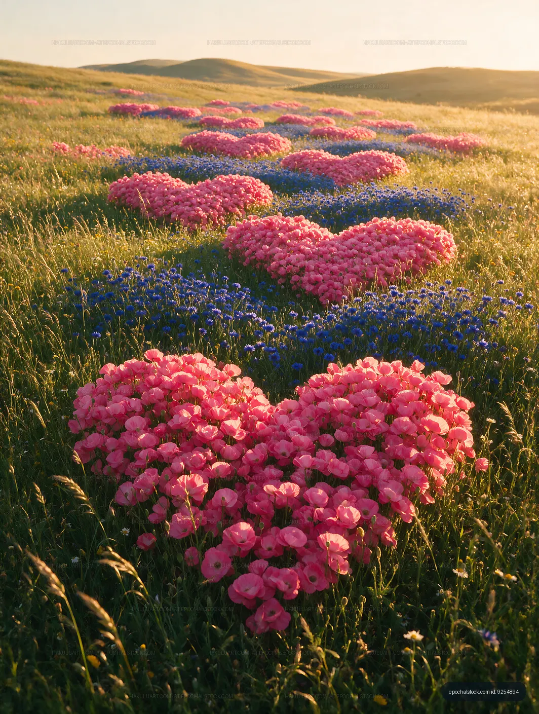 Heart-shaped flower formations in a green field