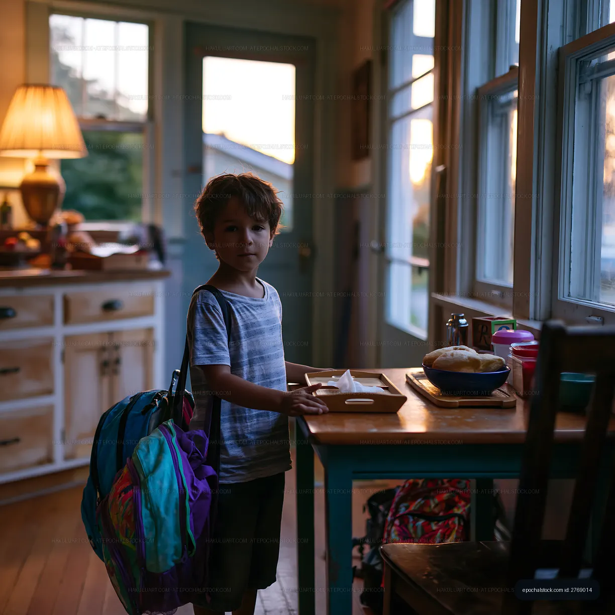 Child with backpack standing at table in cozy kitchen