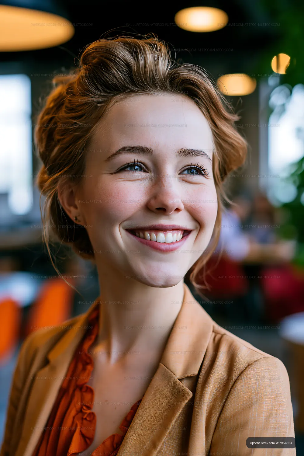 Young woman smiling in a modern cafe setting