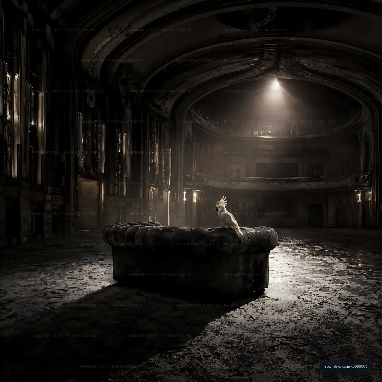 Abandoned theater with a sofa and birds in soft light