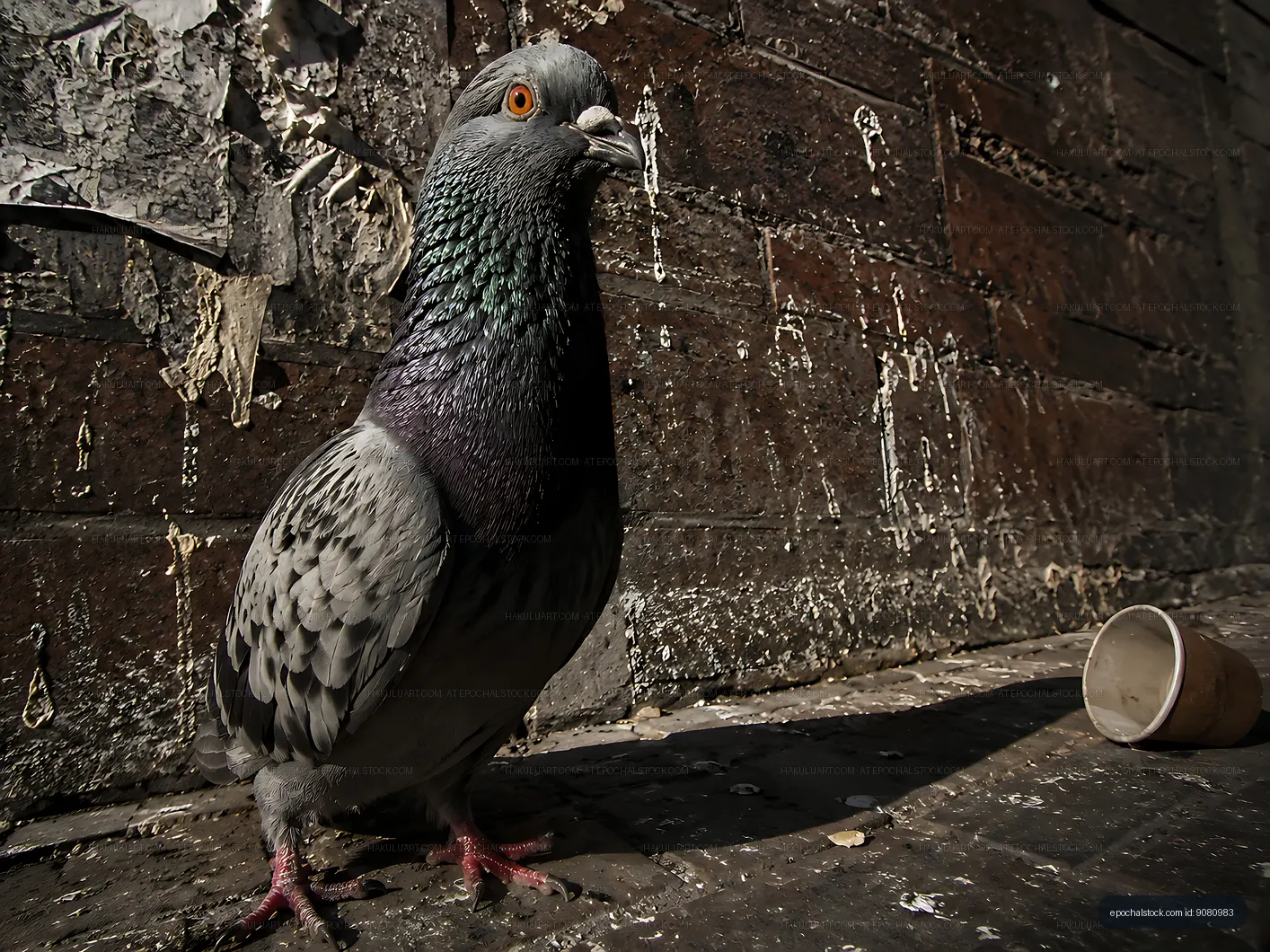 Pigeon standing on wooden floor against weathered wall