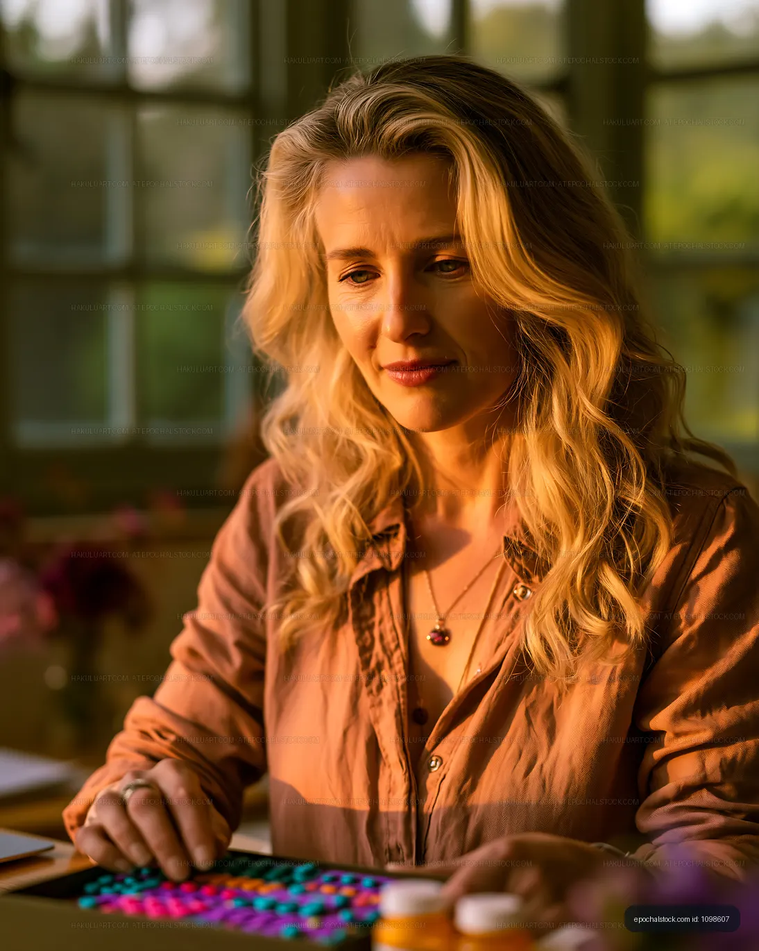 Woman working on computer in warm light with flowers nearby