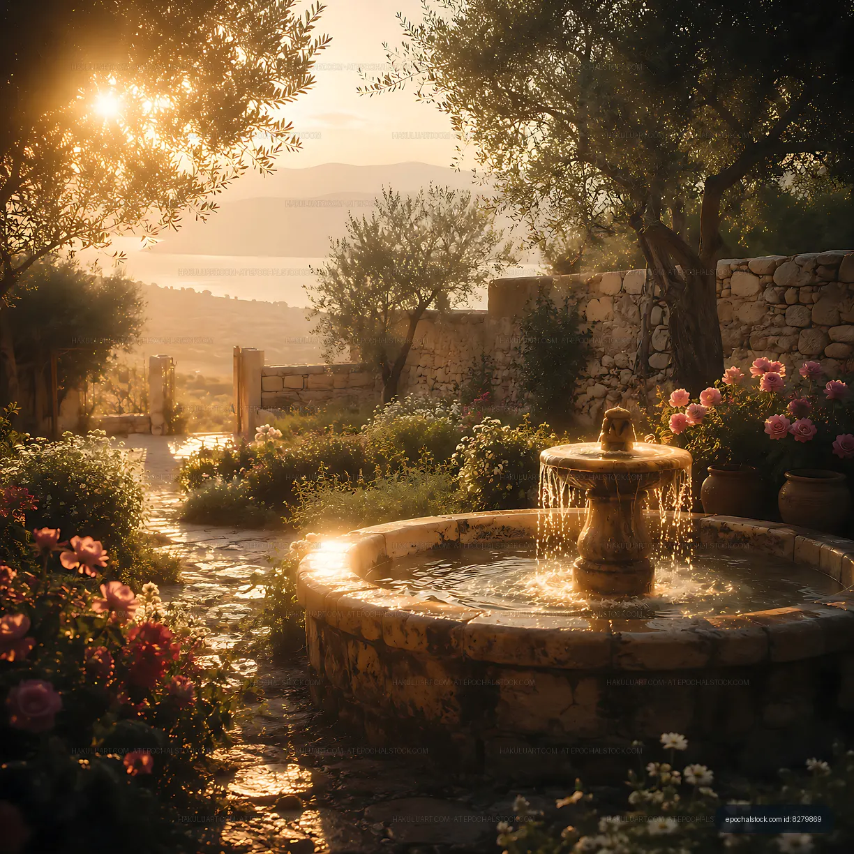 Sunset light on a garden fountain with flowers and stones