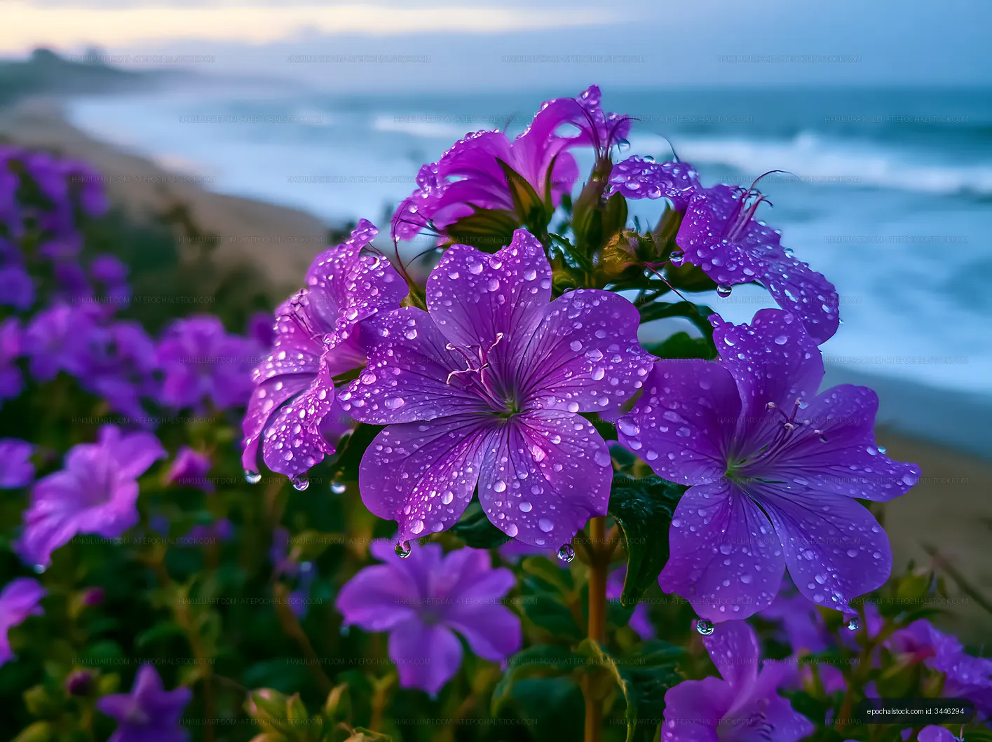 Close-up of purple flowers with water droplets near the beach