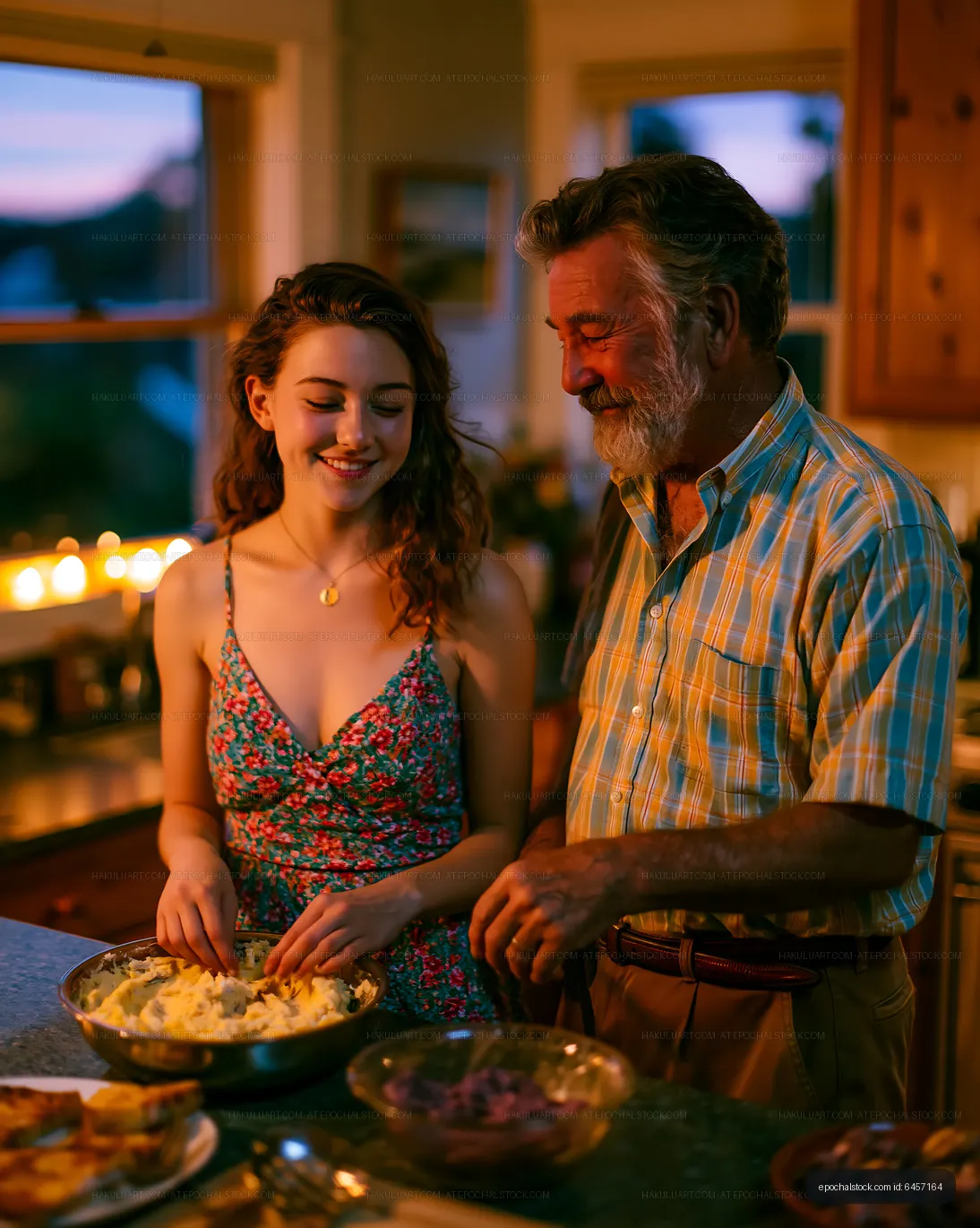 Cooking together in a kitchen during sunset