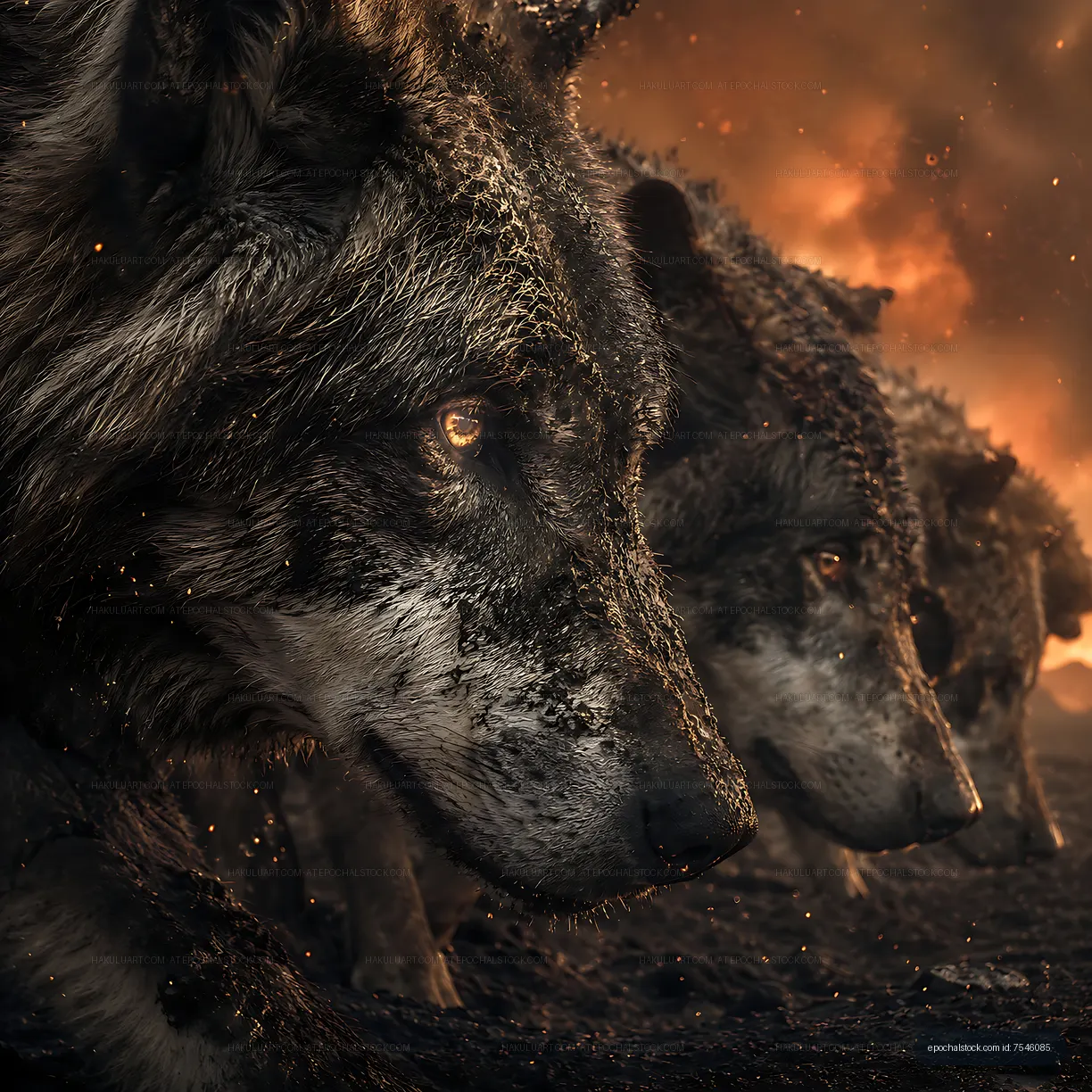 Group of wolves resting in a smoky environment during twilight
