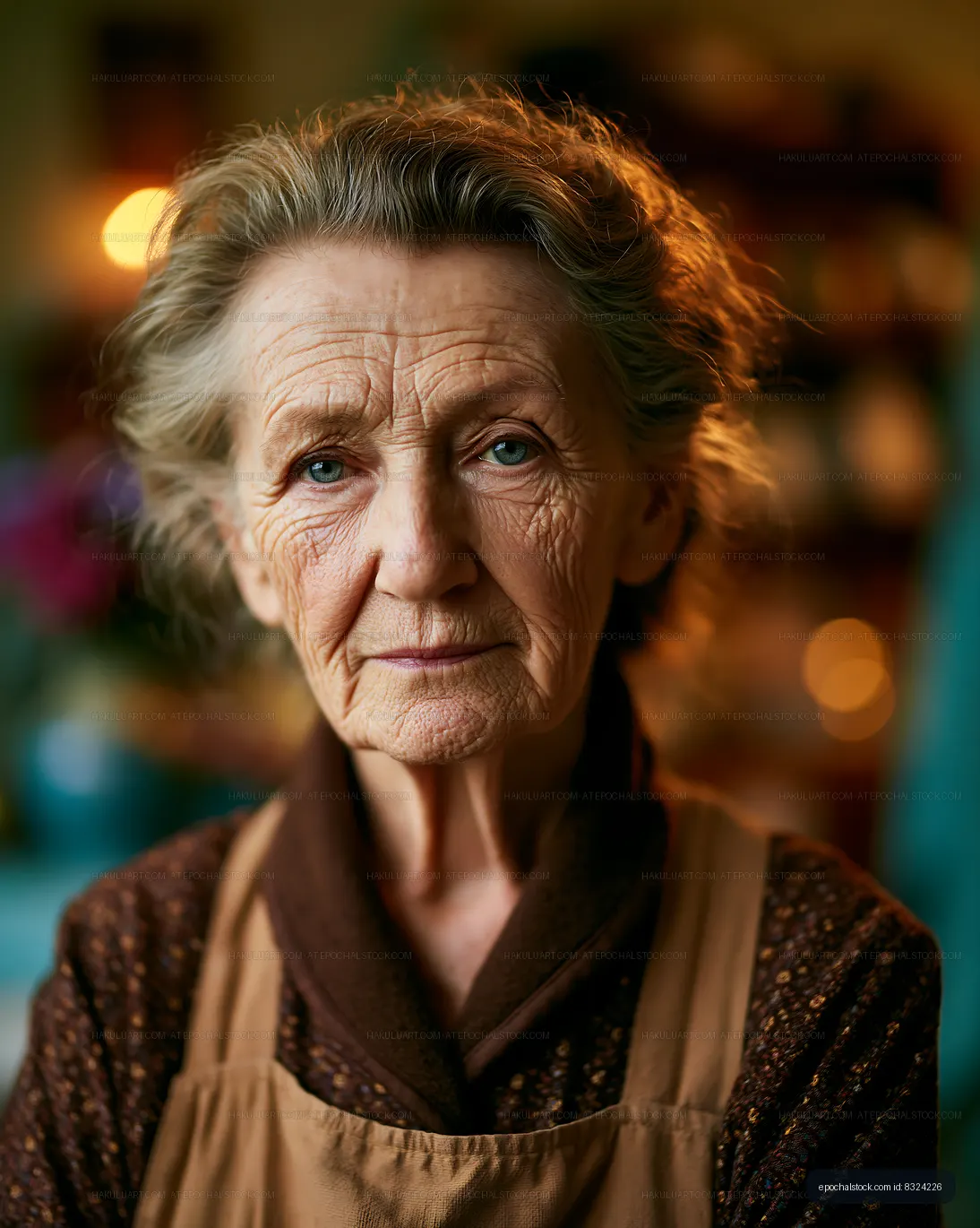 Elderly woman with thoughtful expression in cozy interior space