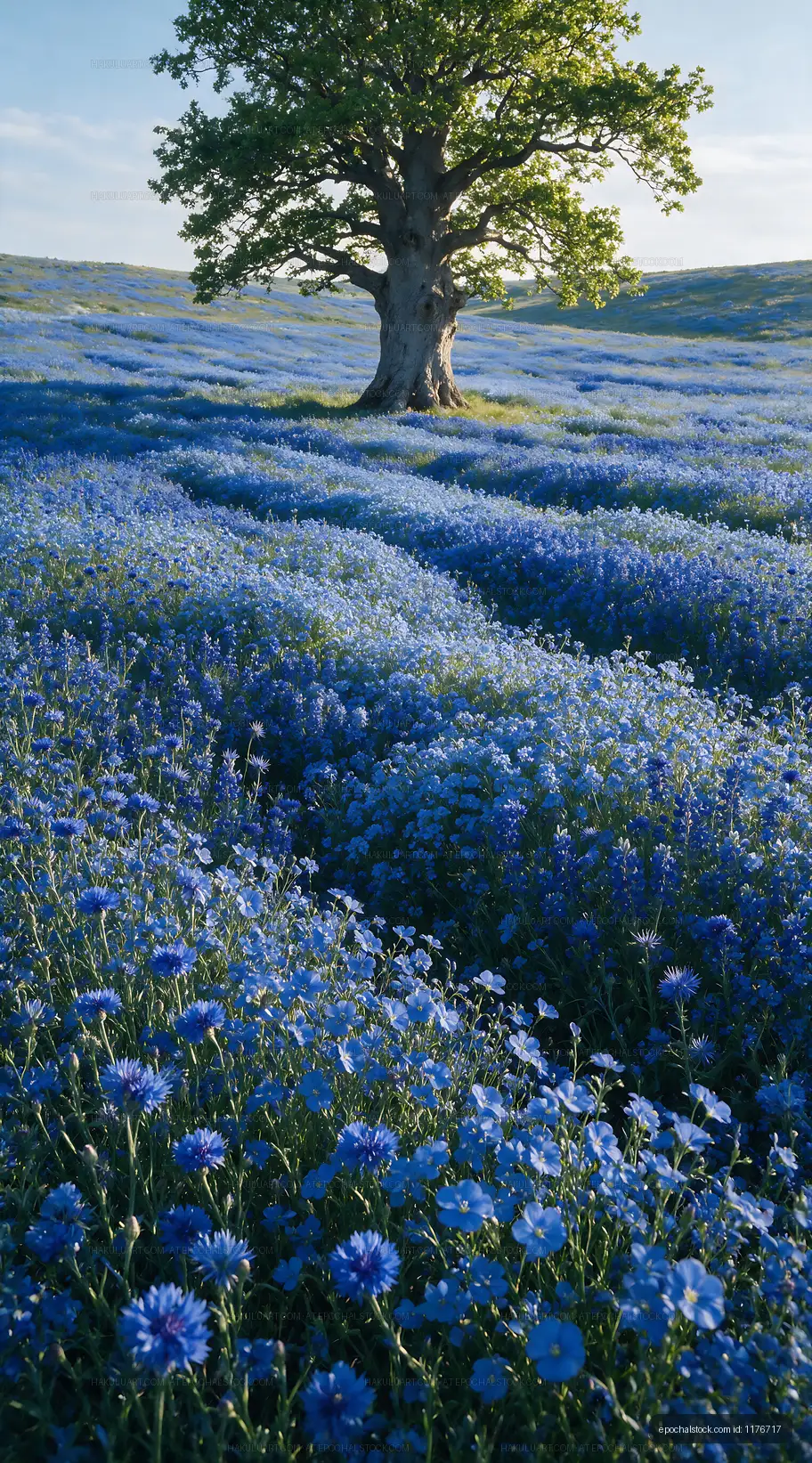 Blue flower field with a single tree under clear sky