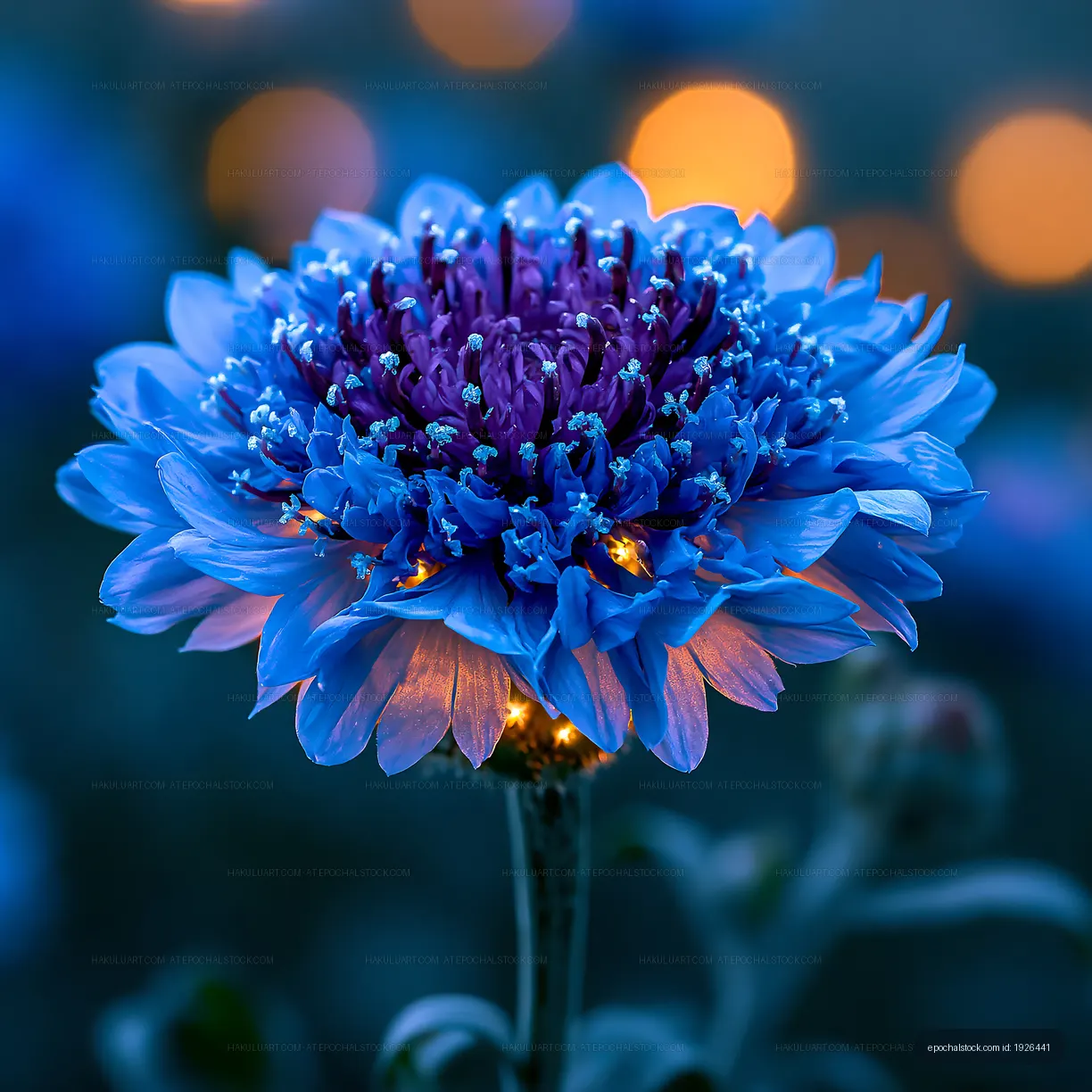 Blue flower with purple center and blurred lights at night