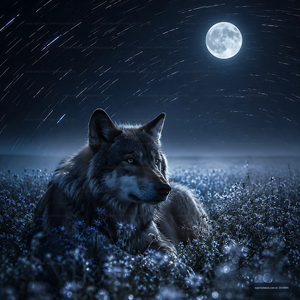 Wolf resting in a field under a full moon at night