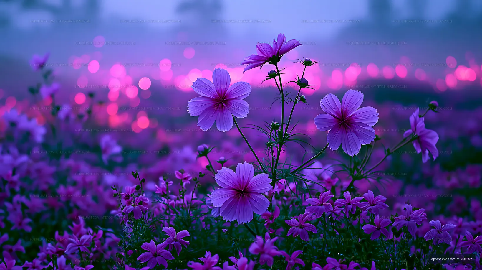 Purple flowers in a field at dusk with soft light