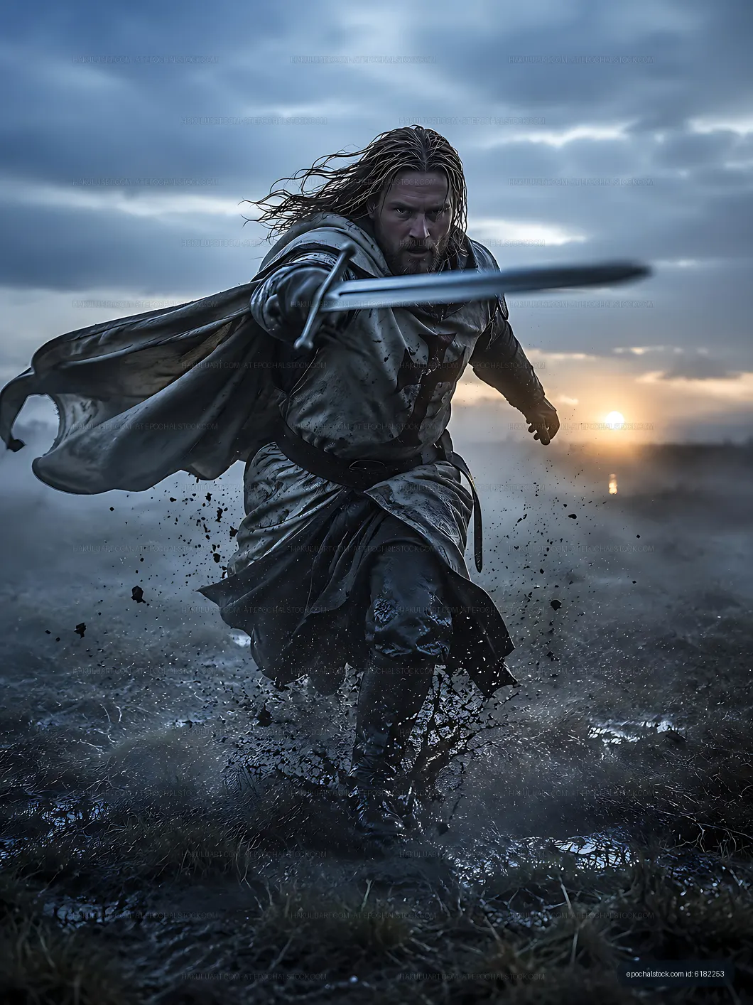 Warrior in battle stance at dusk near a marshy area