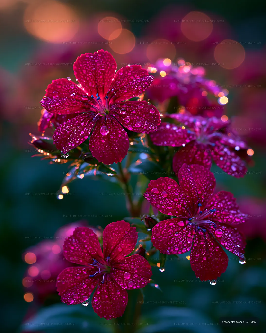 Bright red flowers with dew drops in a garden at sunset