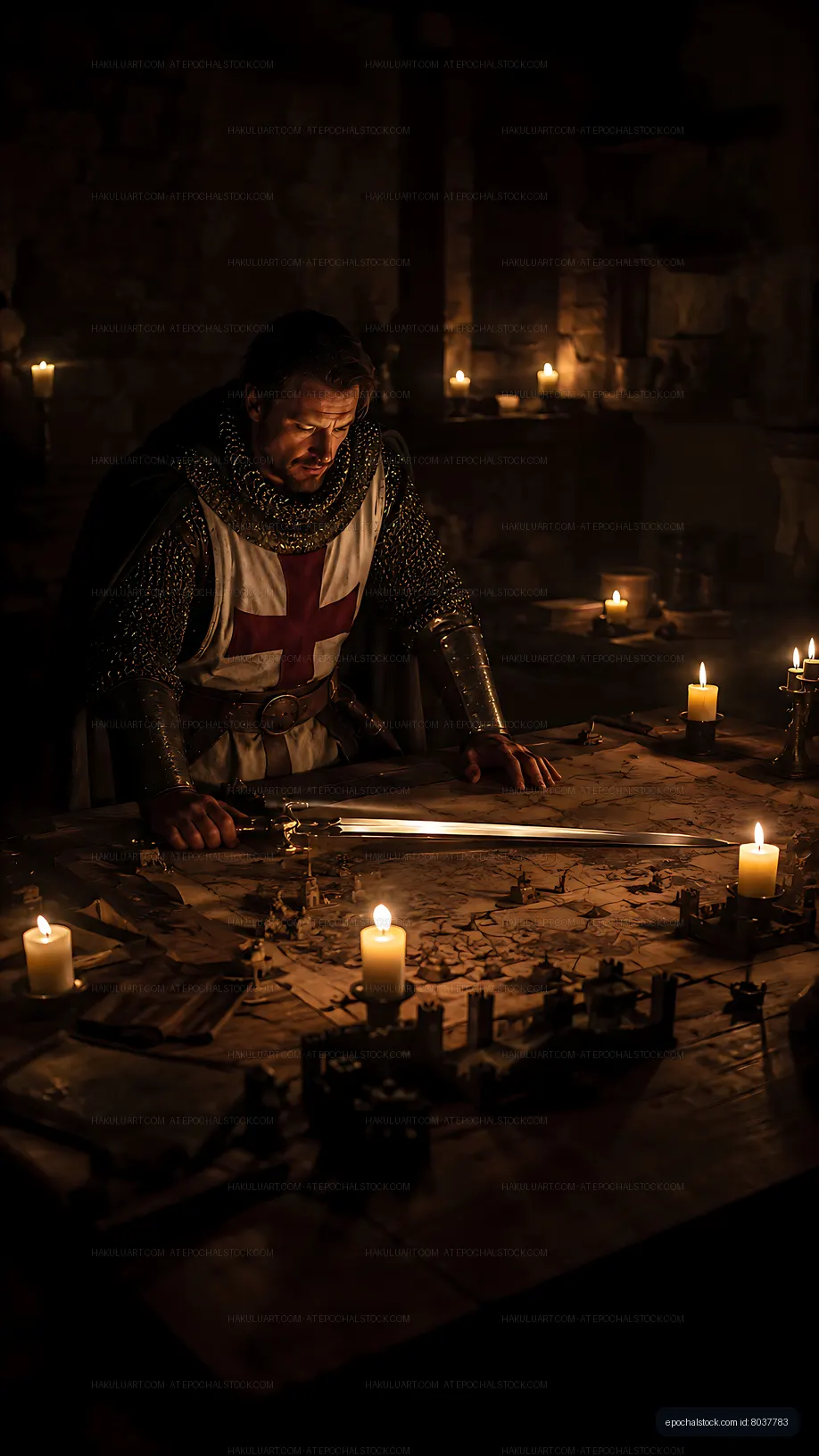 Knight studying a map in a candlelit room