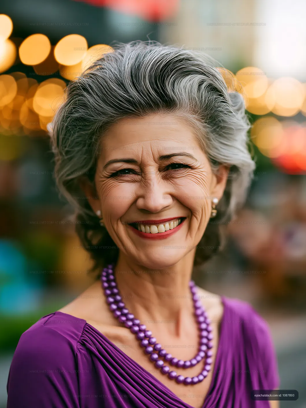 Smiling woman with gray hair wearing pearls in lively setting