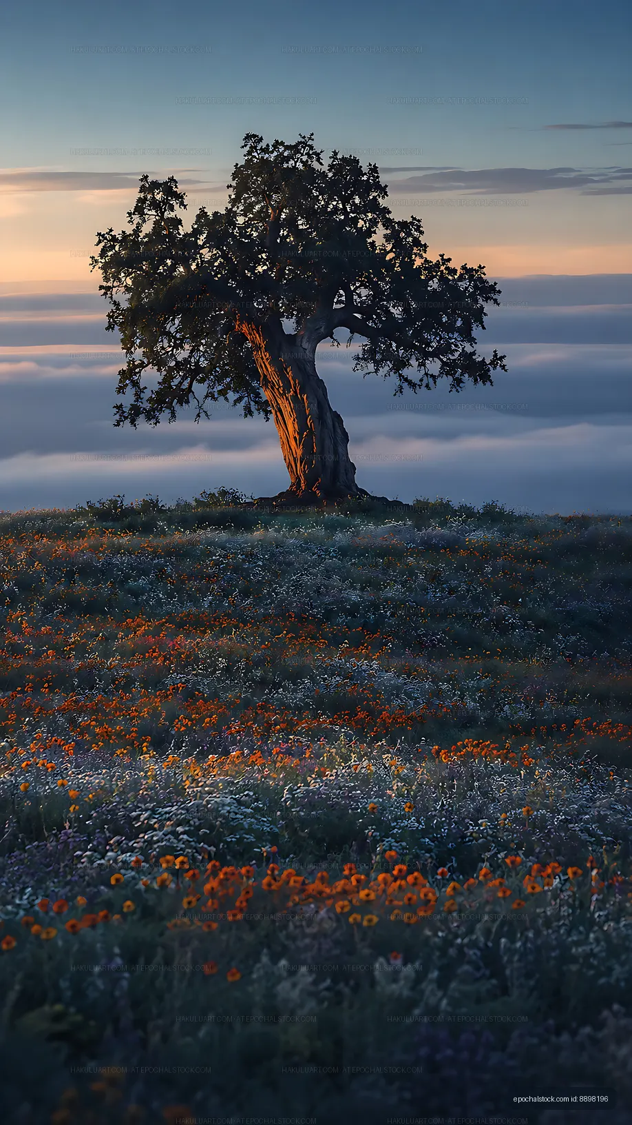 Tree on a hilltop with flowers against a cloudy sky