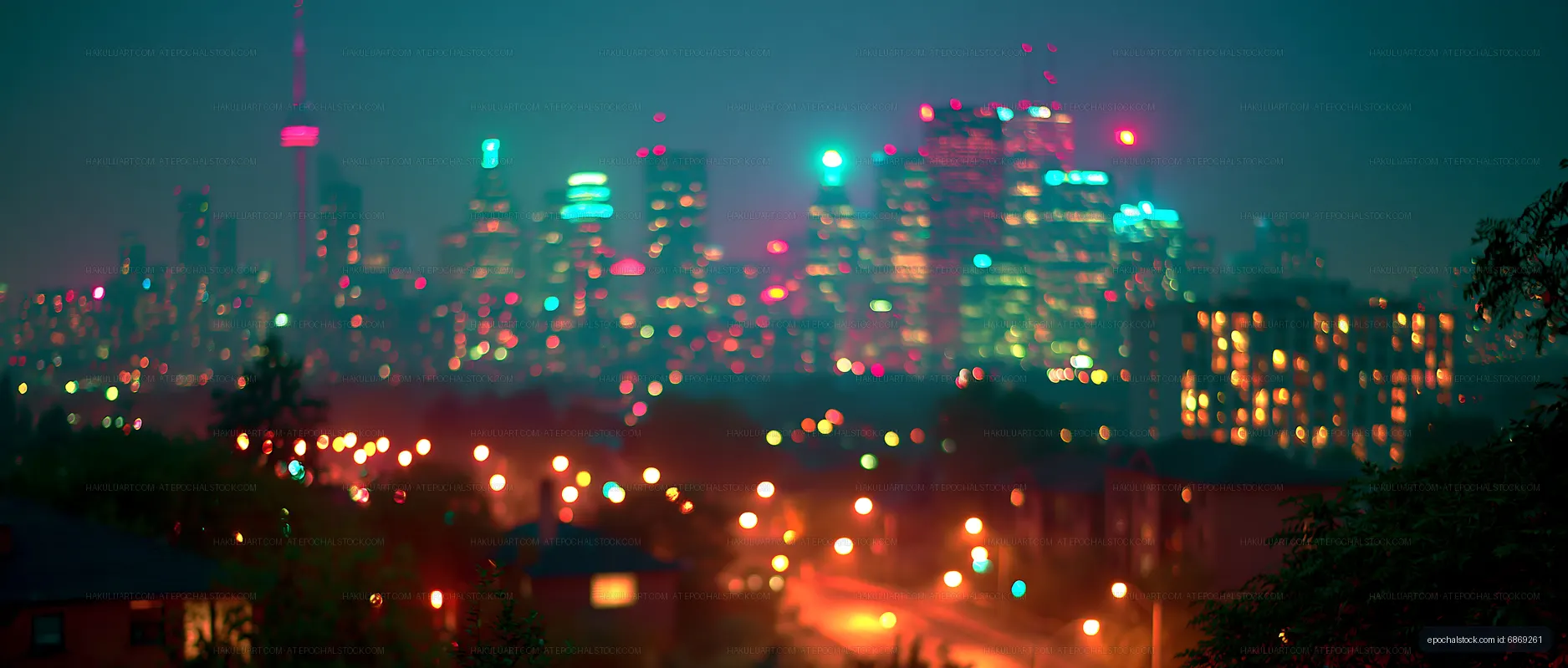 City skyline at night with colorful lights and blurred view