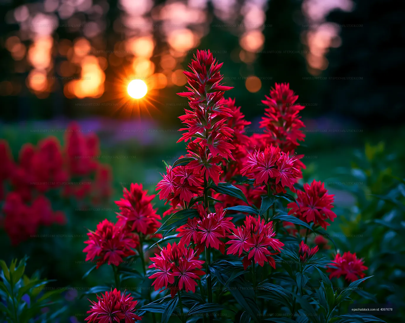Red flowers bloom at sunset in a garden