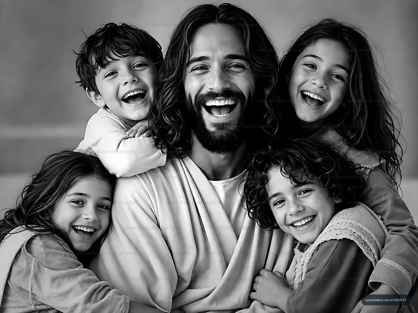 Smiling man embraces children in playful moment together
