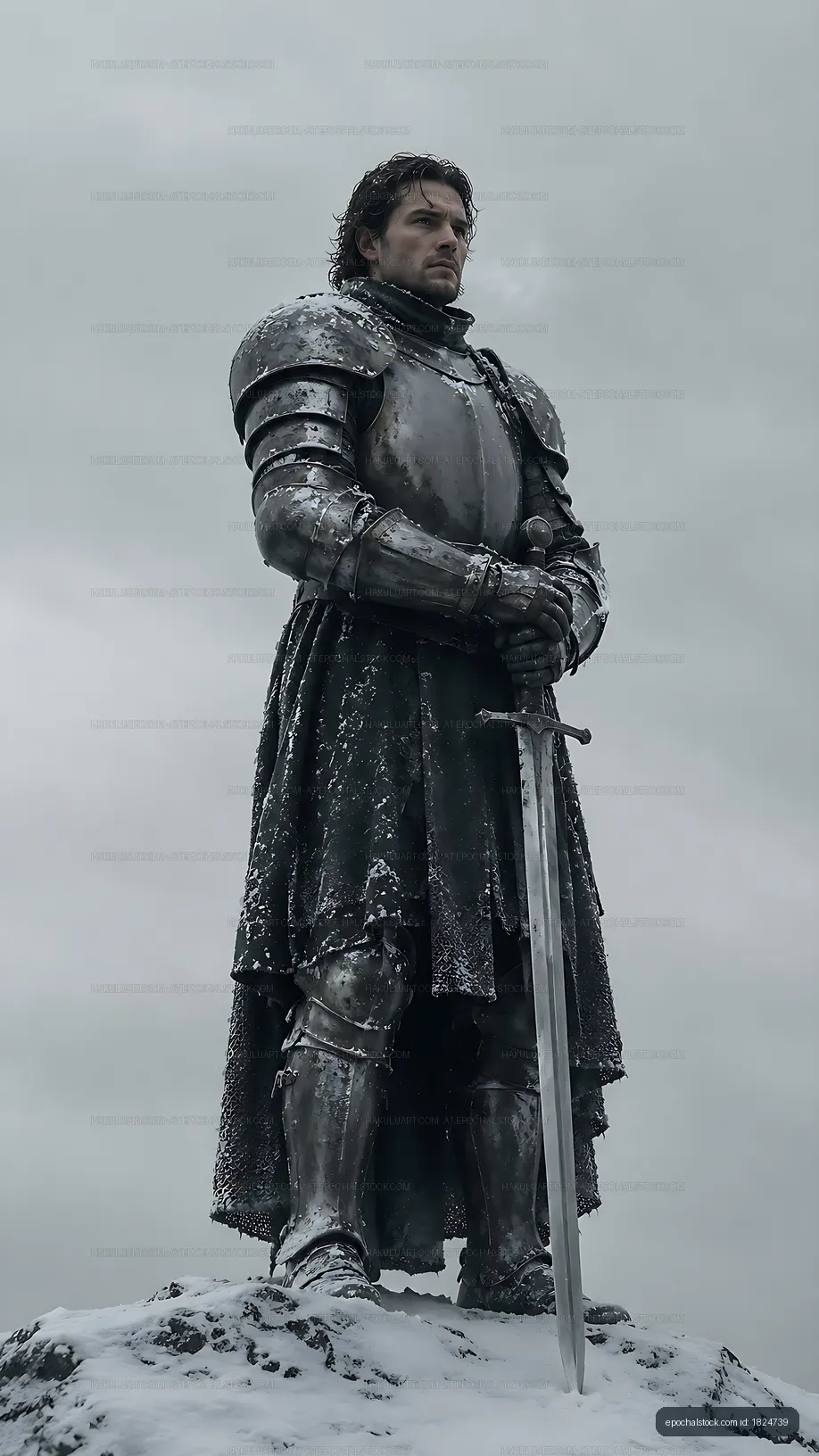 Knight statue stands on rocky ground under cloudy sky