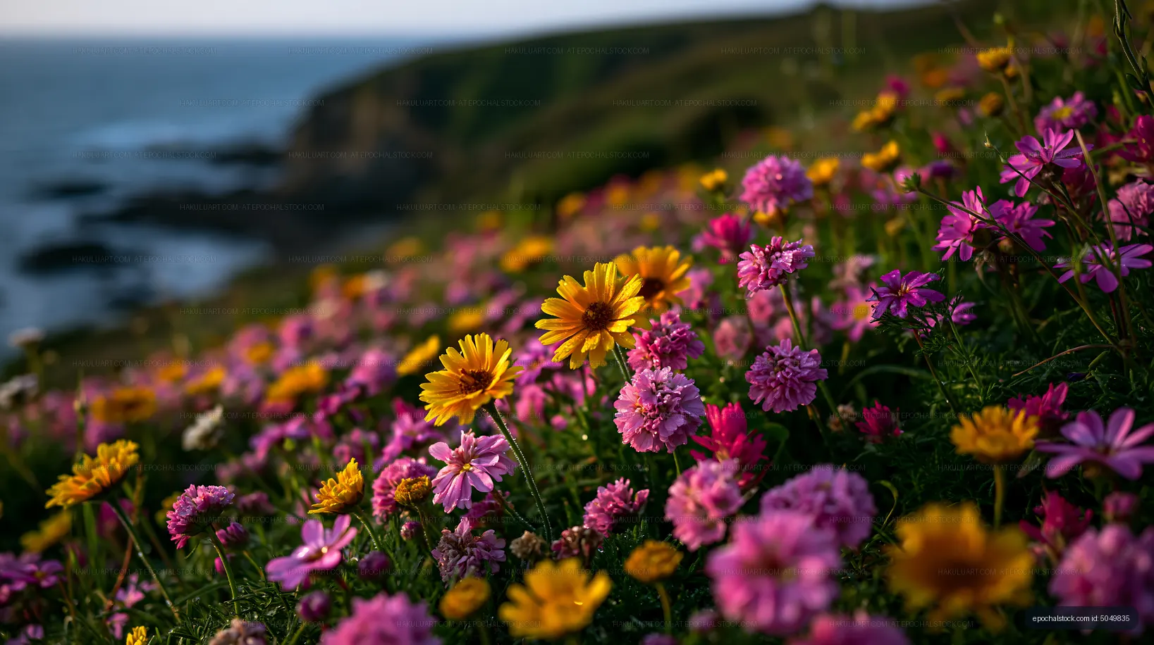Colorful wildflowers on coastal hillside at sunset