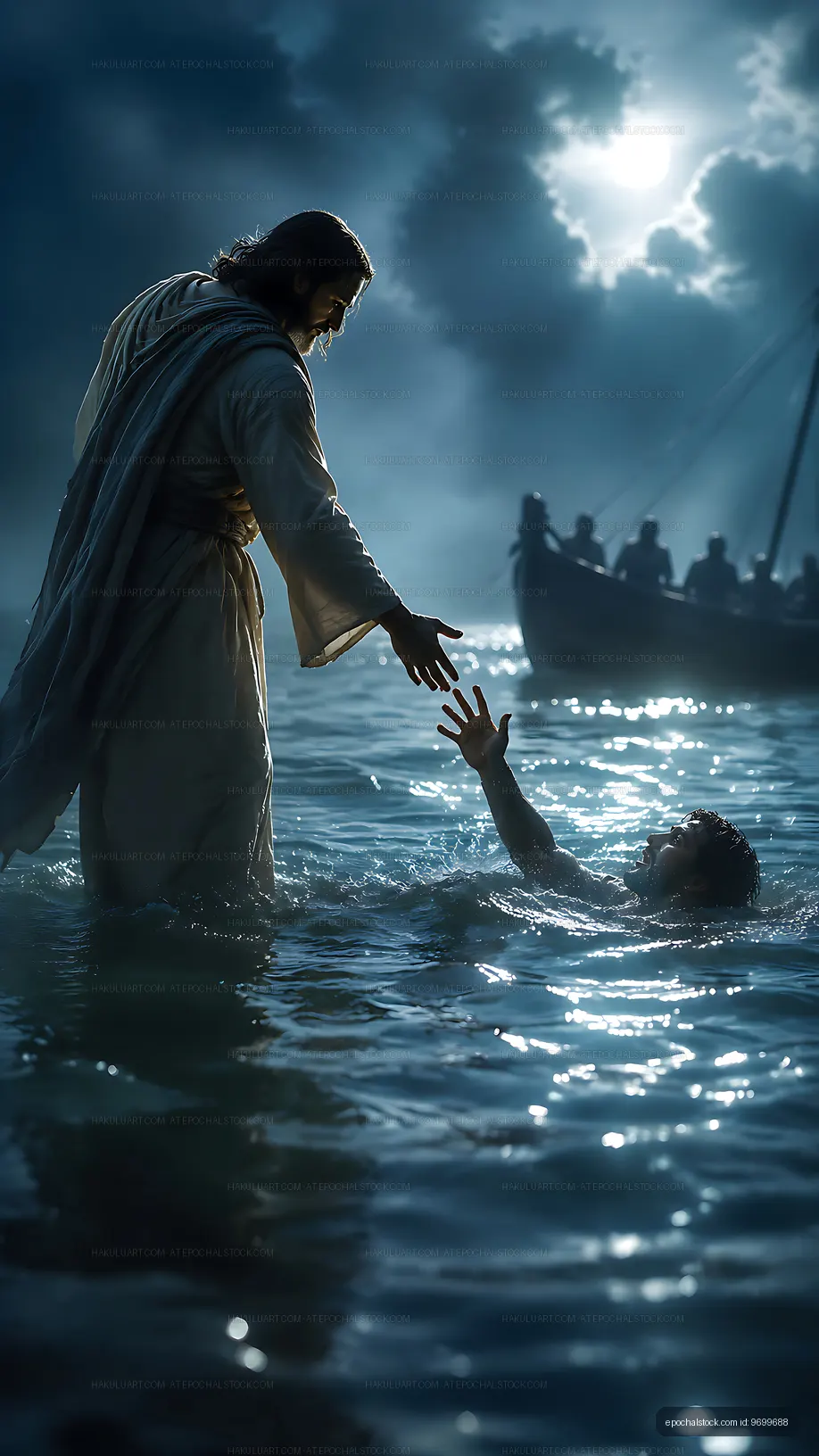 Man reaching for help from Jesus in dark waters