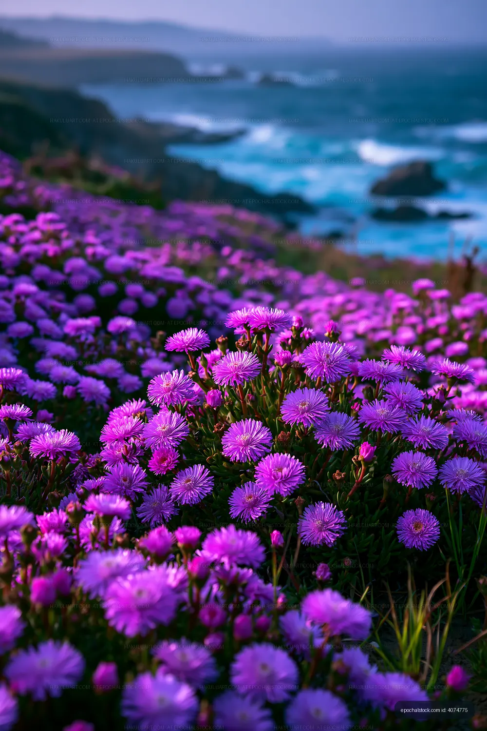 Vibrant purple flowers near the coast under a cloudy sky