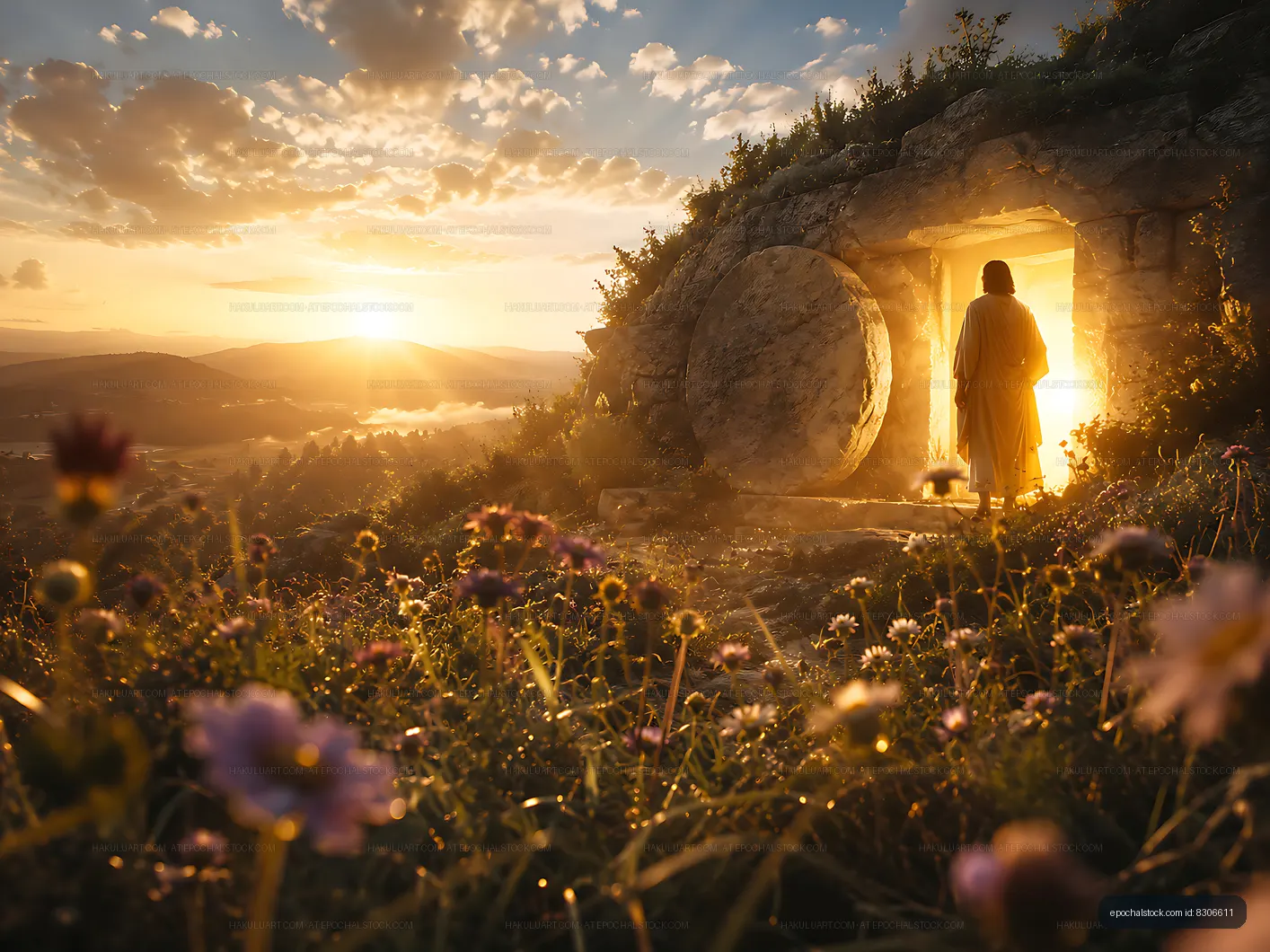 Sunrise at tomb entrance with figure and flowers in foreground