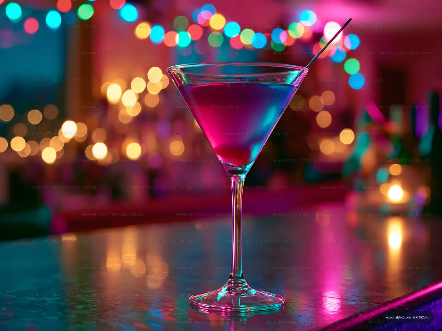 Cocktail on bar with colorful background lights at night