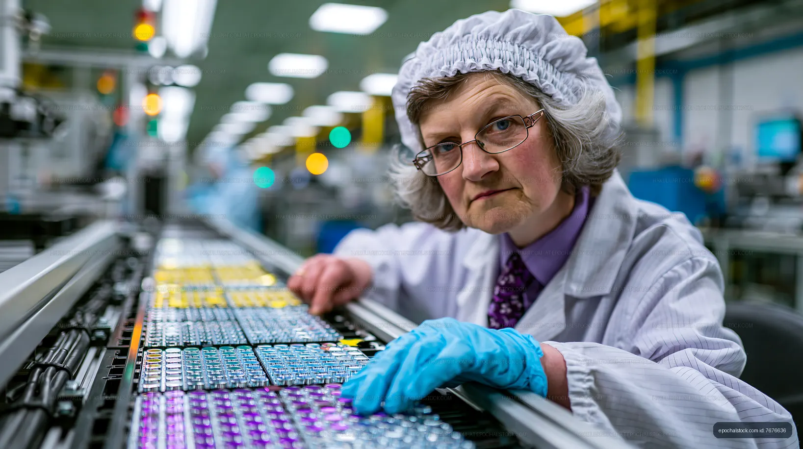 Worker inspecting production line in a factory setting