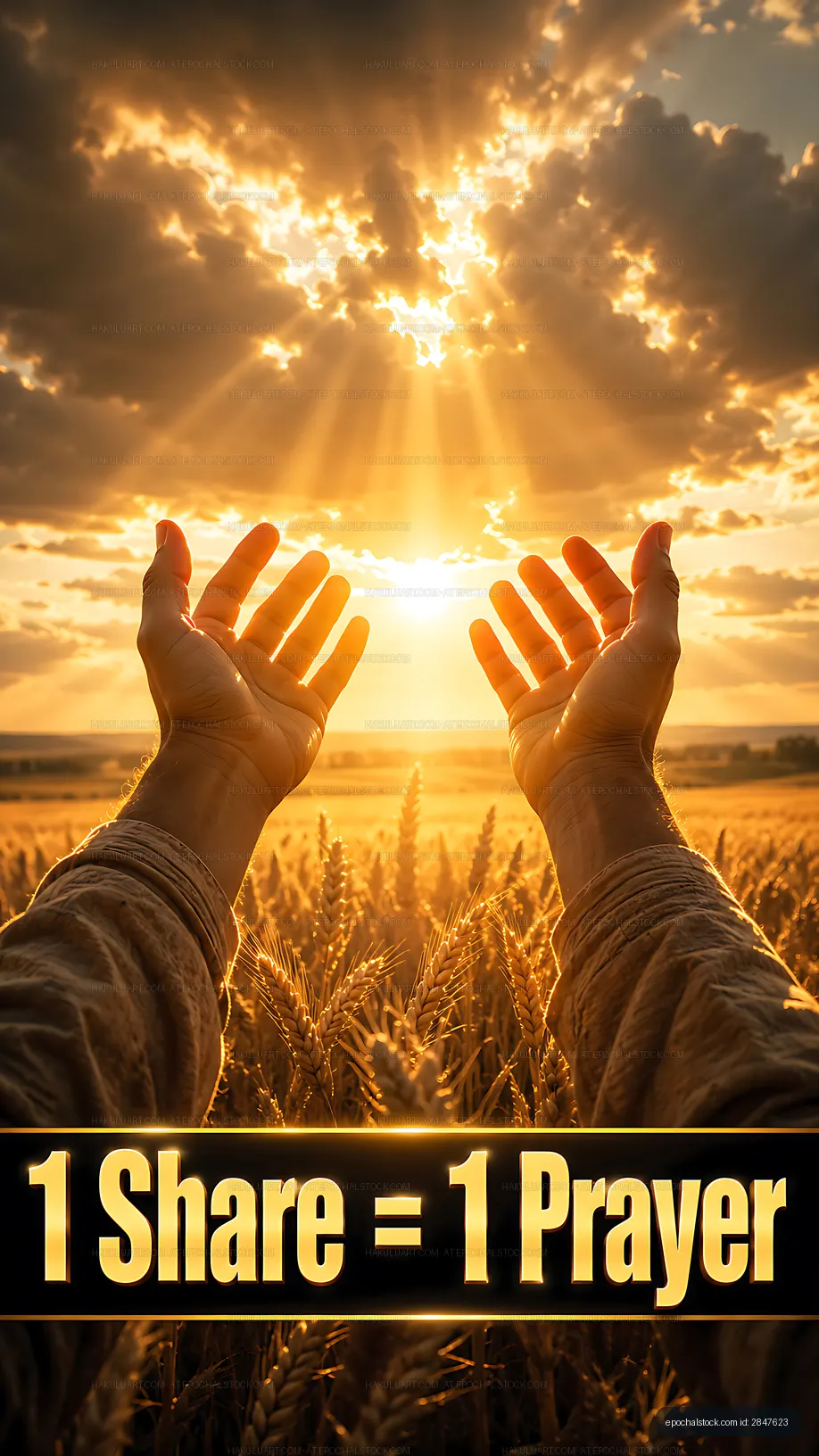 Hands raised in wheat field under sunset with message of hope